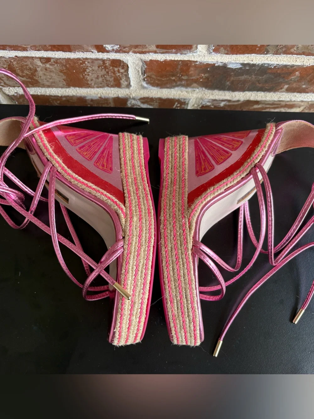 Sophia Webster Mimi Espadrille Wedge Sandals Metallic Citrus Pink EU Size 39